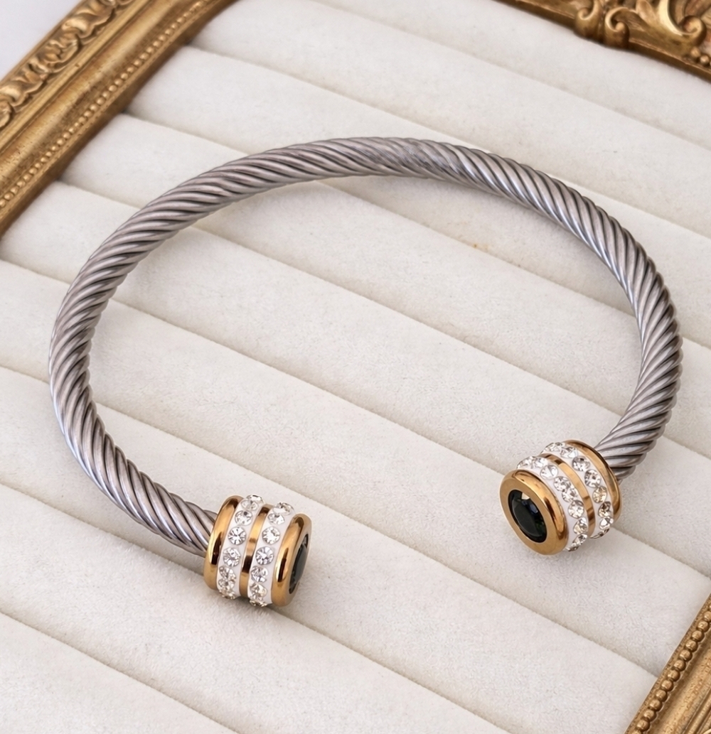 Cable Cuff Bracelet – Silver & Gold w/ Green Stone + Crystal Accents ✨